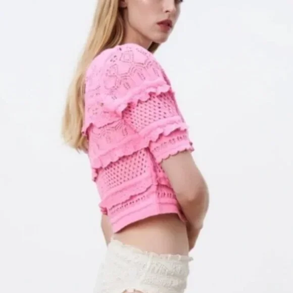 NEW ZARA Pink Cotton Knit Crochet Crop Top: Cottagecore Cardigan - Picture 4 of 16